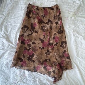 Coupé Y2K Brown Pink Floral Chiffon Asymmetrical Skirt S–M
